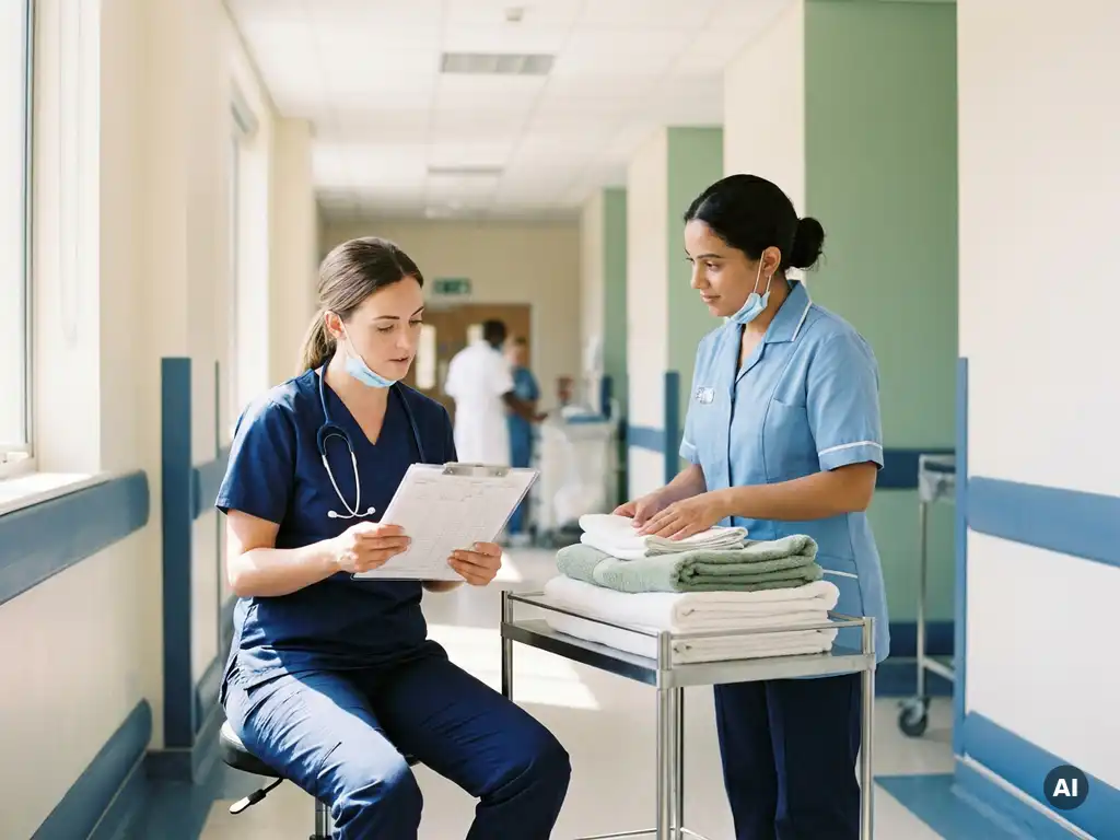 Krankenschwester in Scrubs prüft Patientenakte neben Pflegehelferin mit frischer Bettwäsche im hellen Krankenhausflur.