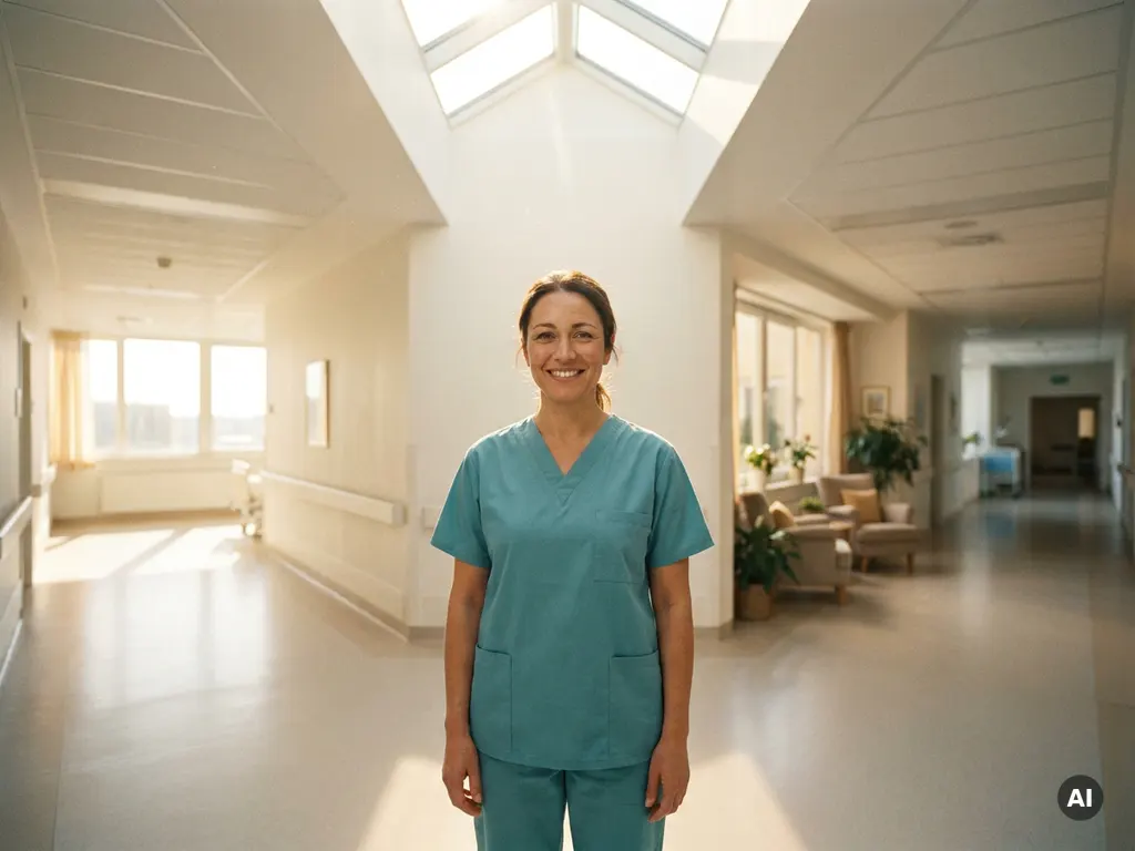 Krankenpflegerin in Scrubs steht an einer Weggabelung im modernen Krankenhausflur mit Blick auf Station und Heimpflegebereich.