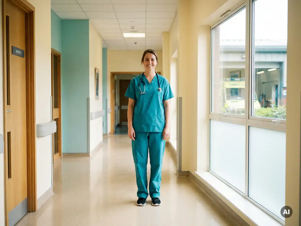 Krankenschwester in Scrubs steht selbstbewusst in hellem Krankenhausflur mit Blick auf Ambulanzbereich und Pflegeheimgarten.