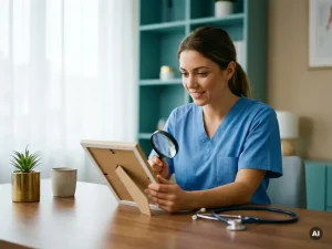 Krankenpflegerin in Scrubs prüft Zertifizierungsdokument am Kliniktisch, Stethoskop daneben, natürliches Licht.