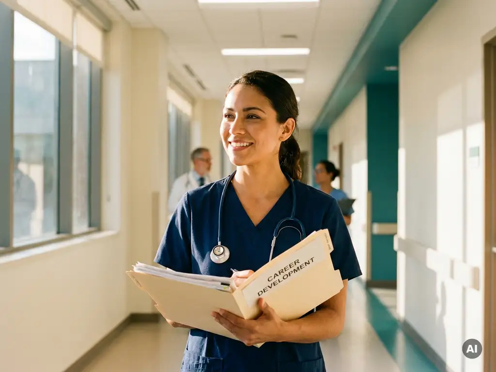 Krankenschwester in Scrubs prüft Karriereunterlagen im modernen Krankenhausflur, Stethoskop um den Hals, natürliches Tageslicht.