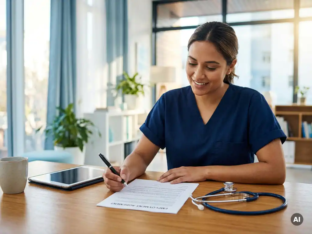 Krankenschwester in Scrubs prüft Arbeitsvertrag am modernen Büroschreibtisch, Stethoskop daneben, warmes Nachmittagslicht.