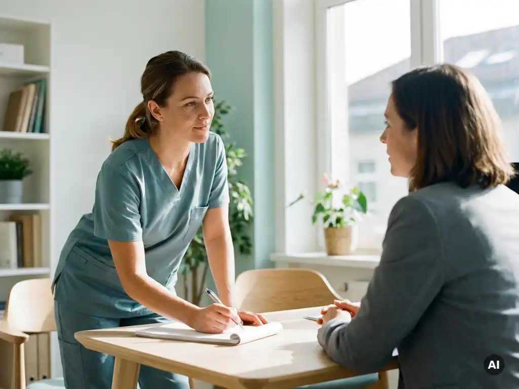 Krankenschwester in Scrubs im Gespräch mit Gesundheitsmanager am klinischen Schreibtisch, Notizbuch daneben, natürliches Licht.