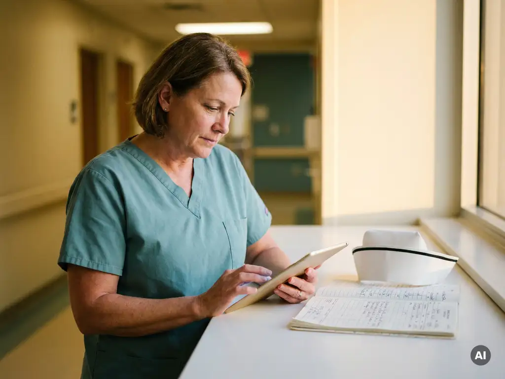Krankenschwester in modernen Scrubs vergleicht digitales Tablet mit handgeschriebenem Patientenblatt und historischer Pflegehaube im Krankenhausflur.