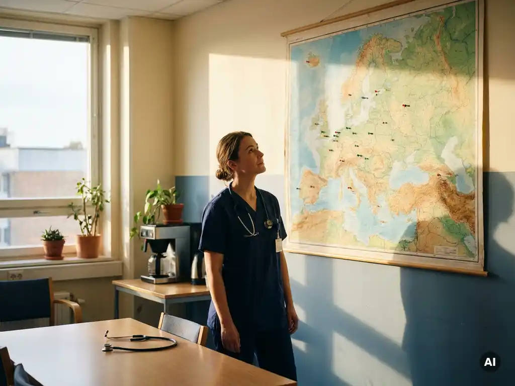 Krankenschwester in Scrubs betrachtet eine große Europa-Karte mit farbigen Pins in einer hellen Pausenraum, Stethoskop auf dem Tisch.