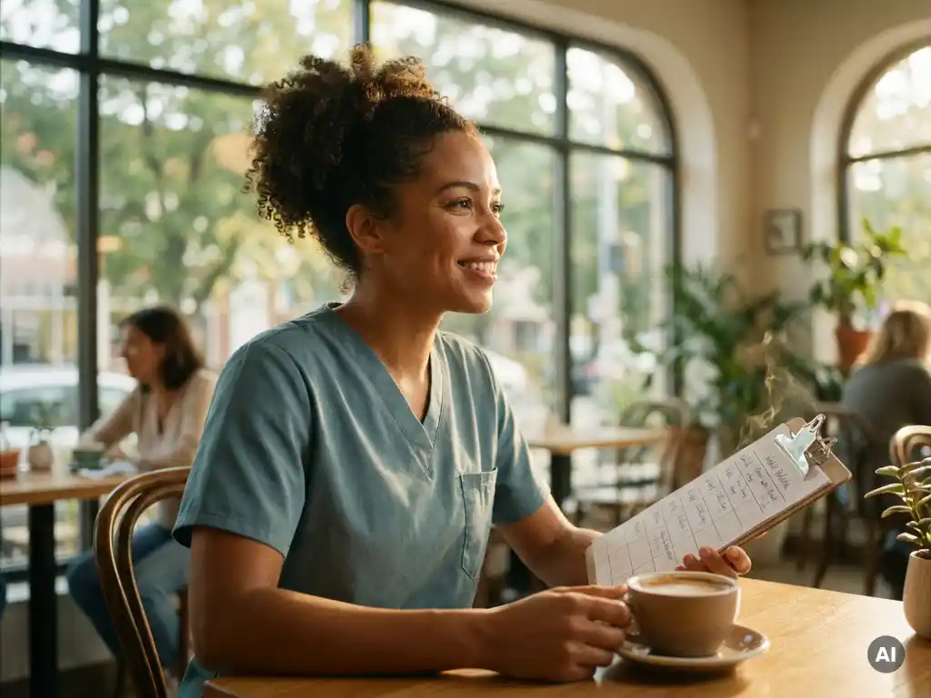Krankenschwester in Scrubs überprüft entspannt einen flexiblen Wochenplan im sonnendurchfluteten Café mit Kaffee.