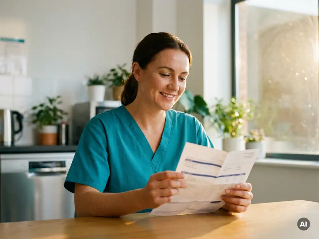 Krankenpflegerin in Scrubs liest zufrieden ihre Gehaltsabrechnung in einem modernen Krankenhausaufenthaltsraum mit warmem Sonnenlicht.