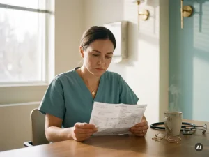 Krankenpflegerin in Scrubs prüft Gehaltsabrechnung im Pausenraum, Stethoskop und Kaffeetasse auf dem Tisch, natürliches Licht.