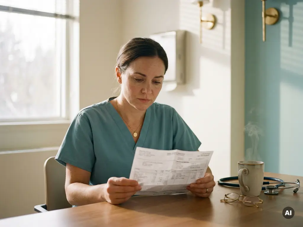 Krankenpflegerin in Scrubs prüft Gehaltsabrechnung im Pausenraum, Stethoskop und Kaffeetasse auf dem Tisch, natürliches Licht.