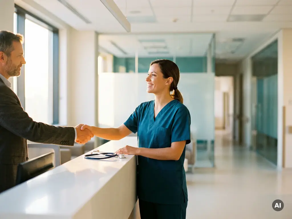Krankenschwester in Scrubs gibt Krankenhausadministrator am Empfangstresen die Hand, moderner Krankenhausflur im Hintergrund.