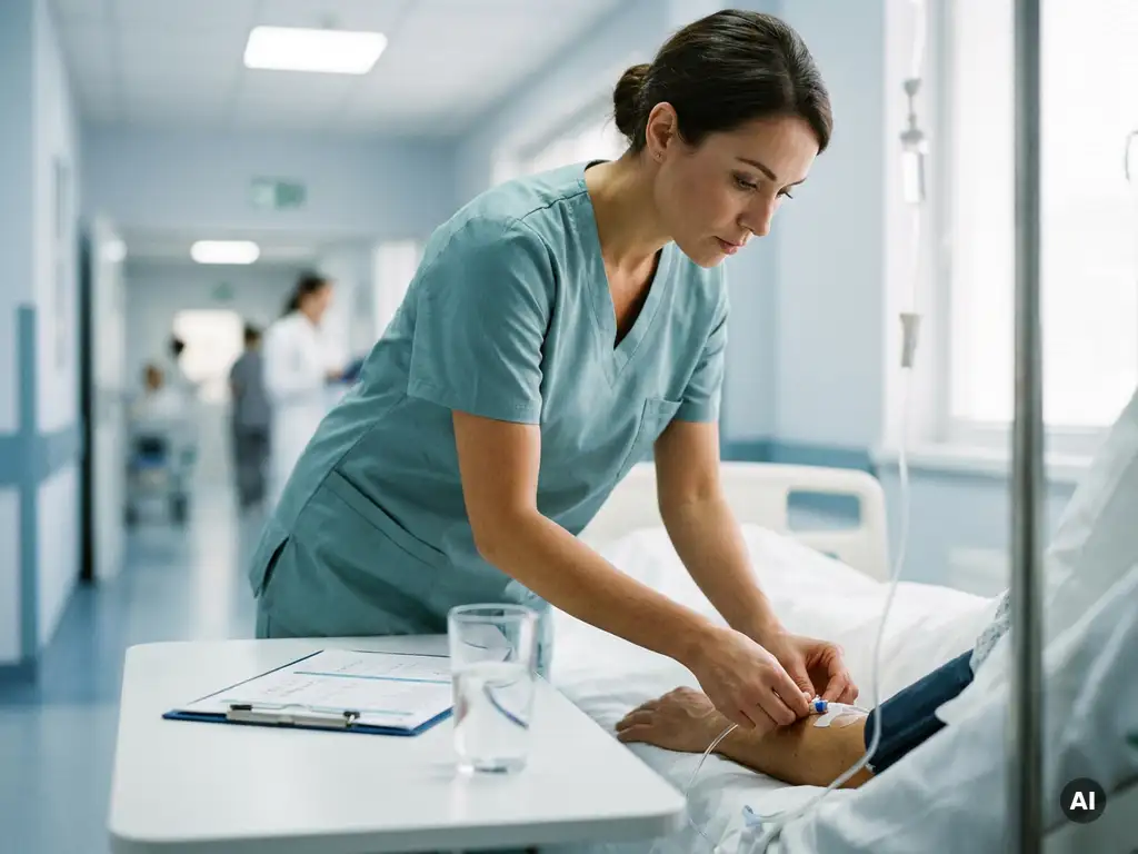 Krankenschwester in Teal-Kasack überprüft Patienten-IV-Leitung am Krankenhausbett, Klemmbrett mit Krankenakte auf Nachttisch.