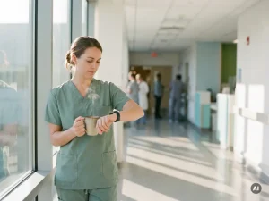 Krankenschwester in Scrubs hält Kaffeetasse und blickt auf Armbanduhr im morgendlichen Krankenhausflur.