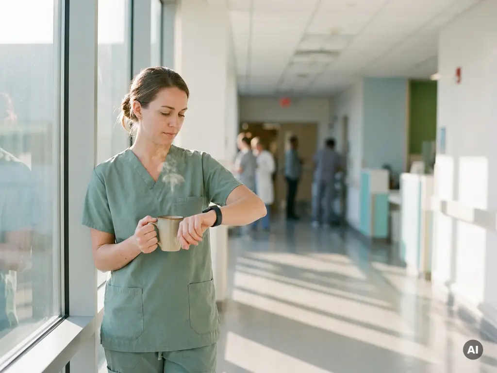 Krankenschwester in Scrubs hält Kaffeetasse und blickt auf Armbanduhr im morgendlichen Krankenhausflur.