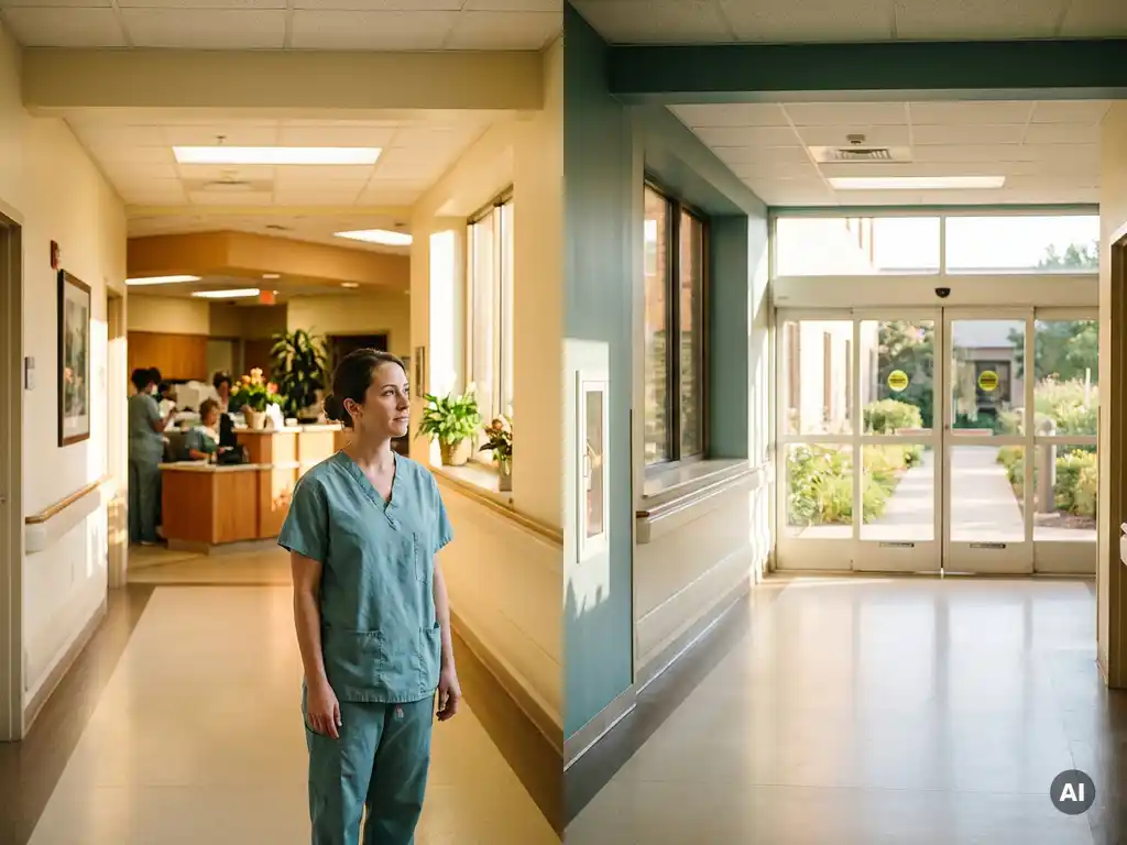 Krankenpflegerin in Scrubs steht an einer Weggabelung im Krankenhausflur zwischen Pflegestation und sonnigem Ausgang.