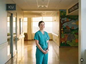 Krankenschwester in Scrubs steht an einer Kreuzung im Krankenhausflur zwischen ICU und bunter Kinderstation.