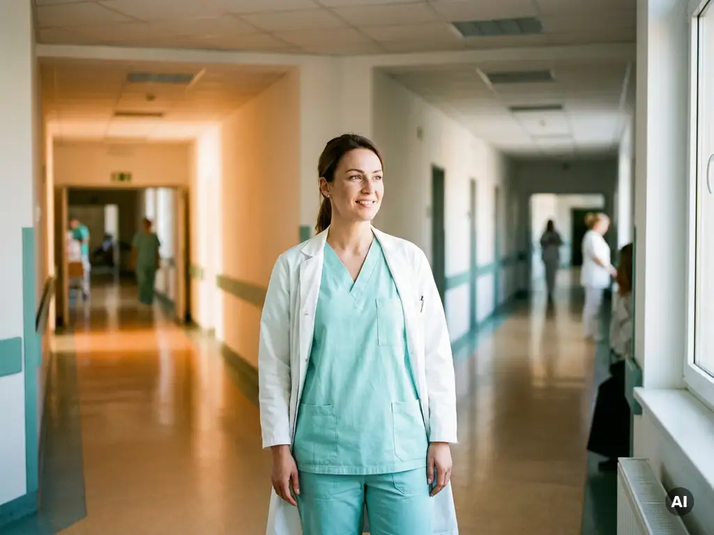 Krankenschwester in Scrubs steht an einer Kreuzung im Krankenhausflur mit drei sichtbaren Wegrichtungen hinter ihr.