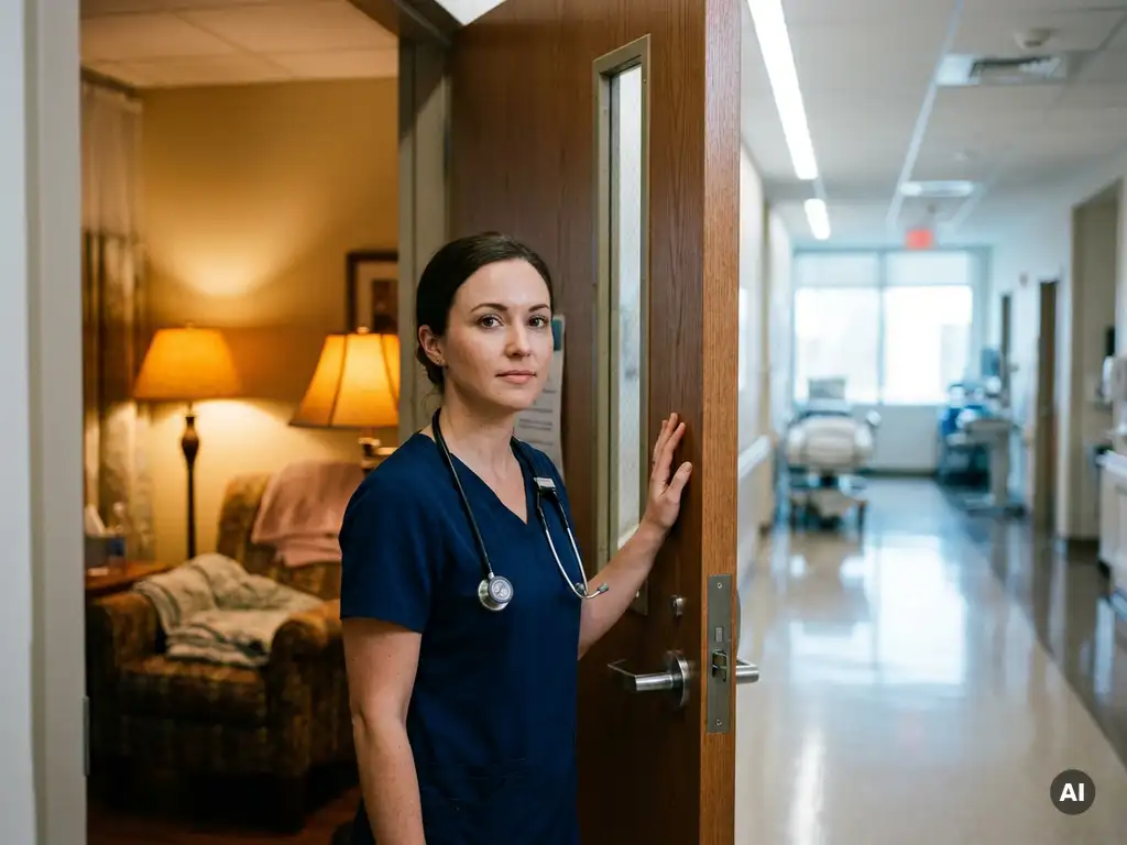 Krankenschwester in Scrubs steht an der Schwelle zwischen warmem Altenpflegezimmer und hellem Krankenhausflur.
