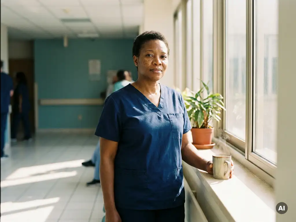 Krankenpflegerin in Scrubs steht in hellem Krankenhausflur, Sonnenlicht fällt durch hohe Fenster, Kaffeetasse auf der Fensterbank.