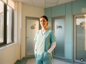 Krankenschwester in Scrubs steht an einer Kreuzung von Krankenhauskorridoren mit Blick auf verschiedene Stationen im warmen Morgenlicht.