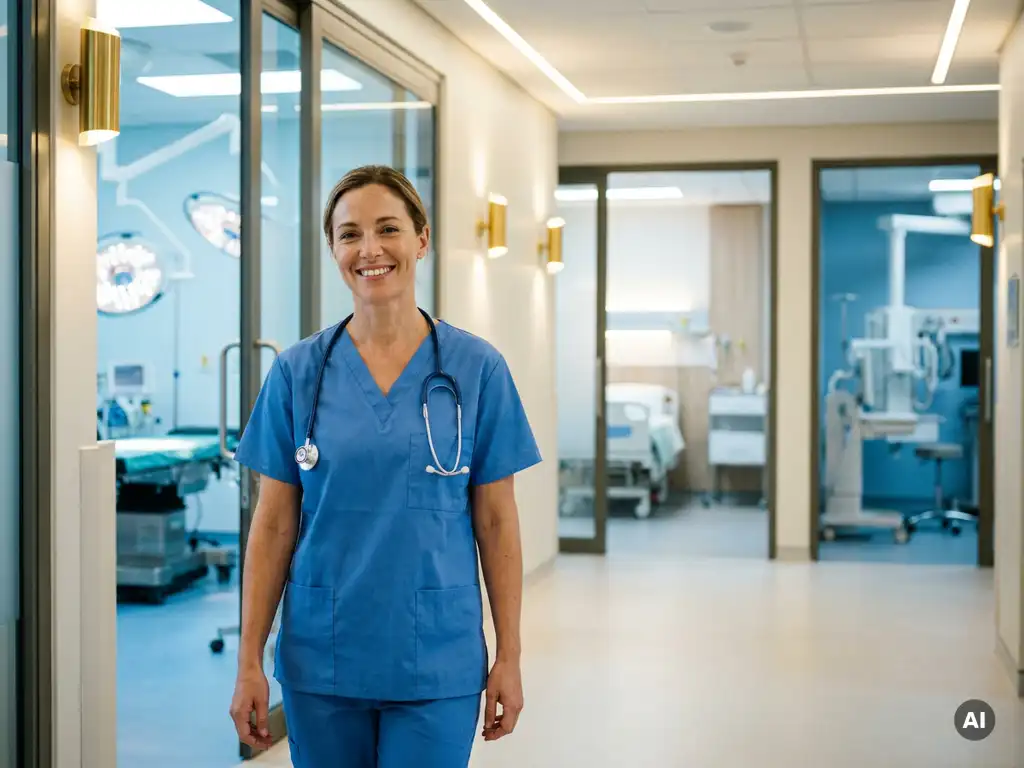 Selbstbewusste Krankenpflegerin in Scrubs geht durch einen modernen Krankenhausflur mit Blick auf verschiedene Stationen.