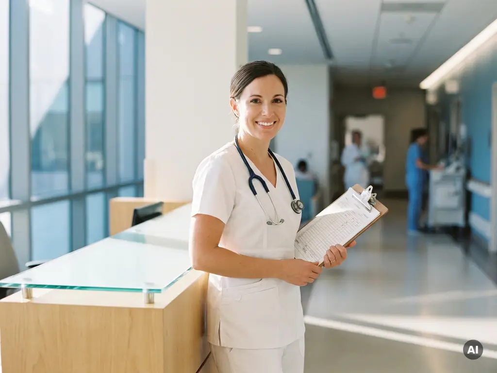 Krankenschwester in weißen Scrubs mit Stethoskop und Klemmbrett an modernem Krankenhaus-Pflegestützpunkt.