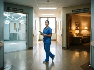 Krankenschwester in Scrubs steht am Kreuzgang eines Krankenhauses zwischen OP-Saal und Altenpflegestation.