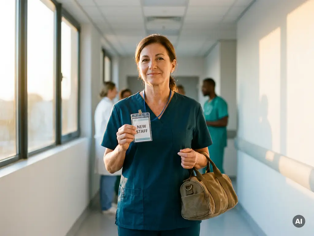 Erfahrene Krankenschwester in Scrubs hält Ausweis und Reisetasche in hellem Krankenhausflur, goldenes Fensterlicht, optimistische Atmosphäre.
