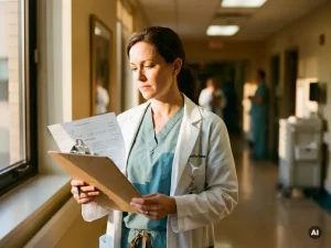 Krankenpflegerin in Scrubs prüft Patientenakte auf Klemmbrett in hellem Krankenhausflur mit warmem Fensterlicht.