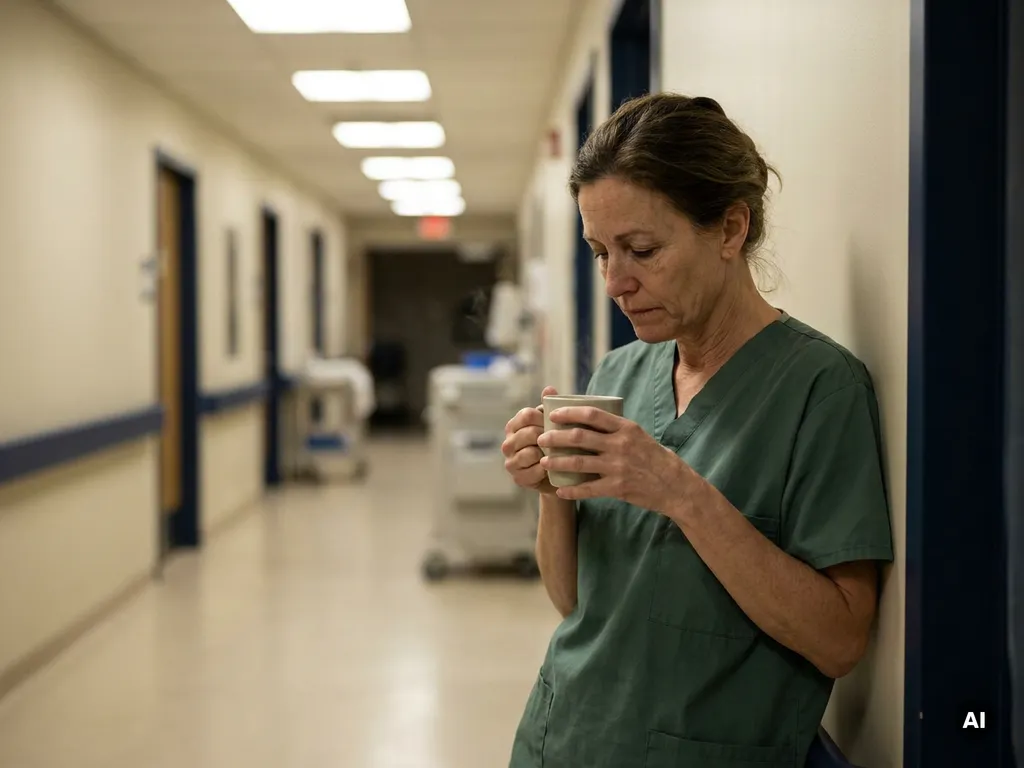 Erschöpfte Krankenpflegerin in Scrubs hält Kaffebecher im ruhigen Krankenhausflur, sanftes Deckenlicht, unscharfer Hintergrund.