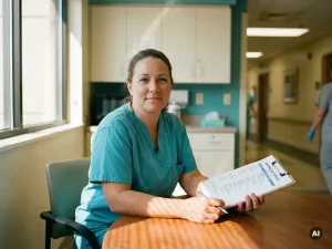 Krankenpflegerin in Scrubs liest Stellenanzeige auf Klemmbrett in hellem Pausenraum einer Klinik.