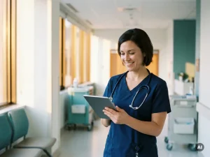 Krankenpflegerin in modernen Scrubs liest Tablet in hellem Krankenhausflur mit warmem Licht.