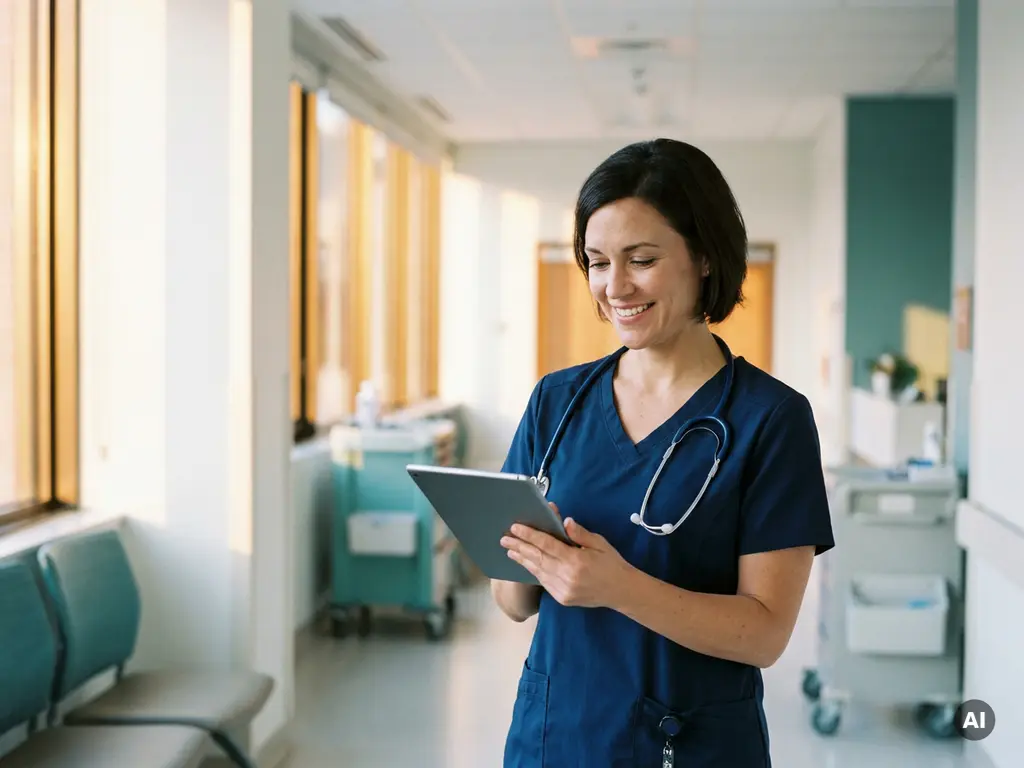Krankenpflegerin in modernen Scrubs liest Tablet in hellem Krankenhausflur mit warmem Licht.