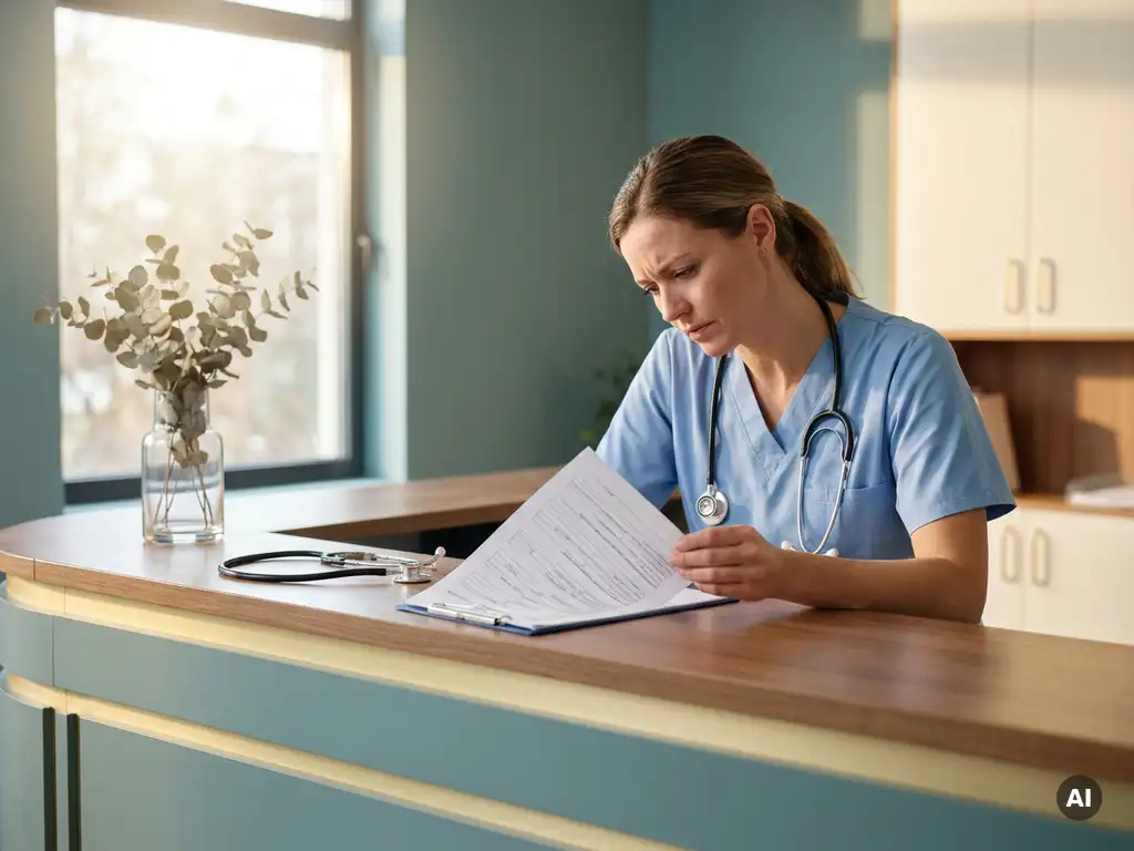 Krankenschwester in hellblauen Scrubs prüft Zertifizierungsdokument am Empfangstresen, Stethoskop liegt daneben.