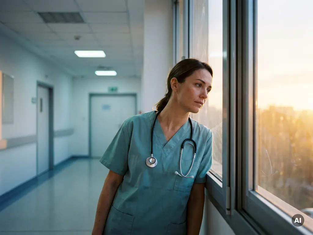 Erschöpfte Krankenschwester in Scrubs blickt durch ein Krankenhausfenster ins Freie, Stethoskop über der Schulter, warmes Gegenlicht.