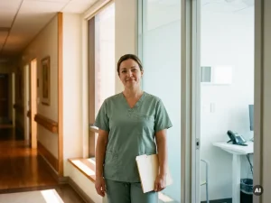 Krankenpflegerin in Berufskleidung steht mit Personalakte an einem Scheideweg zwischen Pflegeeinrichtung und Personalvermittlungsbüro.