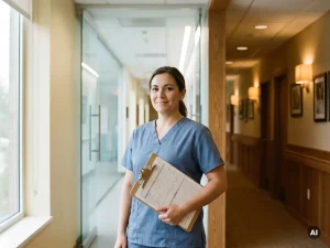 Pflegefachkraft in Scrubs hält Klemmbrett mit Patientenakten an der Schnittstelle zwischen Krankenhaus- und Pflegeheimflur.