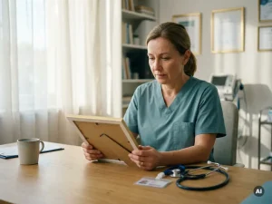 Krankenschwester in Scrubs prüft Zertifizierungsdokument am klinischen Schreibtisch, Stethoskop und Ausweis daneben, natürliches Licht.