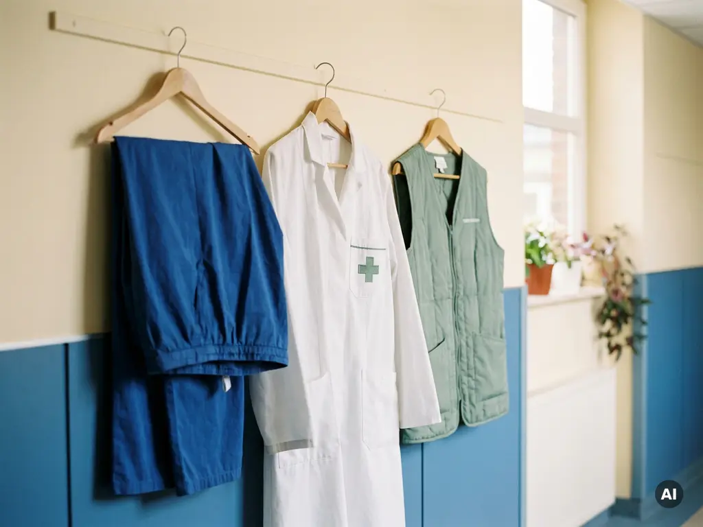 Pflegeuniformen auf Bügeln im Krankenhausflur: Kasack, weißer Kittel und Pflegeweste in Blau, Creme und Salbeigrün.