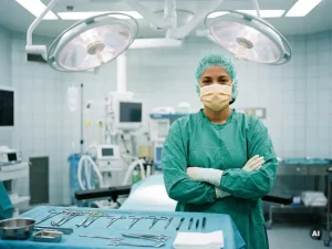 Chirurg in sterilem grünem OP-Kittel und Handschuhen steht selbstbewusst im modernen Operationssaal mit Instrumententablett.