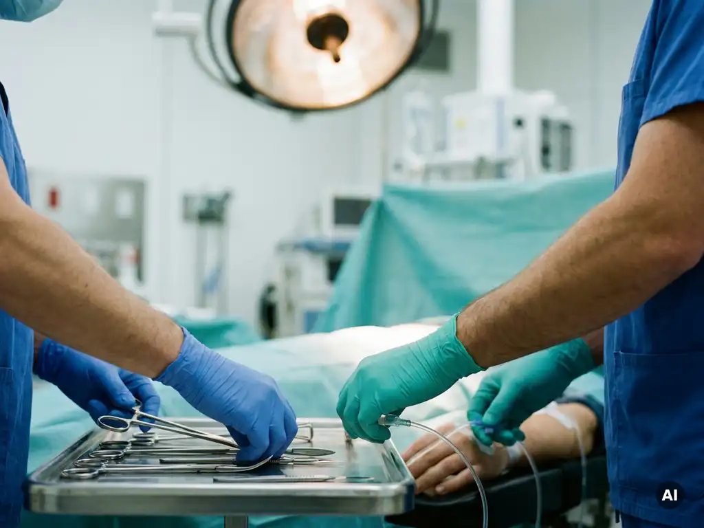 Zwei Chirurgen in Handschuhen bereiten OP-Instrumente und IV-Leitung im sterilen Operationssaal vor.