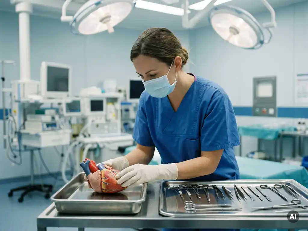 Chirurgiepflegerin in Operationskleidung und sterilen Handschuhen untersucht anatomisches Modell neben chirurgischen Instrumenten auf Edelstahltablett.