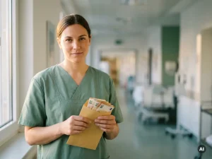 Krankenpflegerin in Scrubs hält Umschlag mit Euroscheinen in hellem Krankenhausflur.