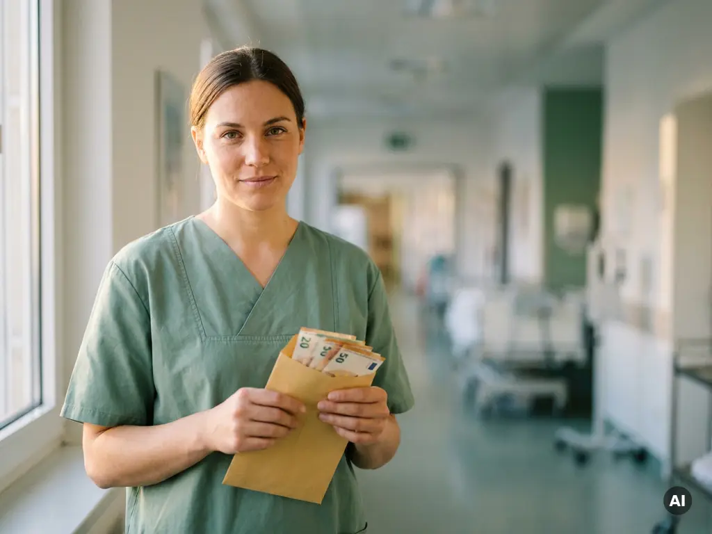 Krankenpflegerin in Scrubs hält Umschlag mit Euroscheinen in hellem Krankenhausflur.