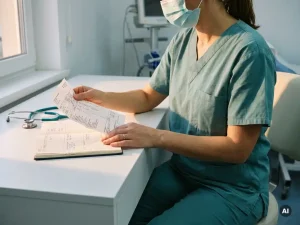 Pflegefachkraft in Scrubs prüft Gehaltsabrechnung neben Dienstplan auf klinischem Schreibtisch, Stethoskop daneben.