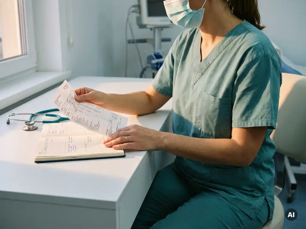 Pflegefachkraft in Scrubs prüft Gehaltsabrechnung neben Dienstplan auf klinischem Schreibtisch, Stethoskop daneben.