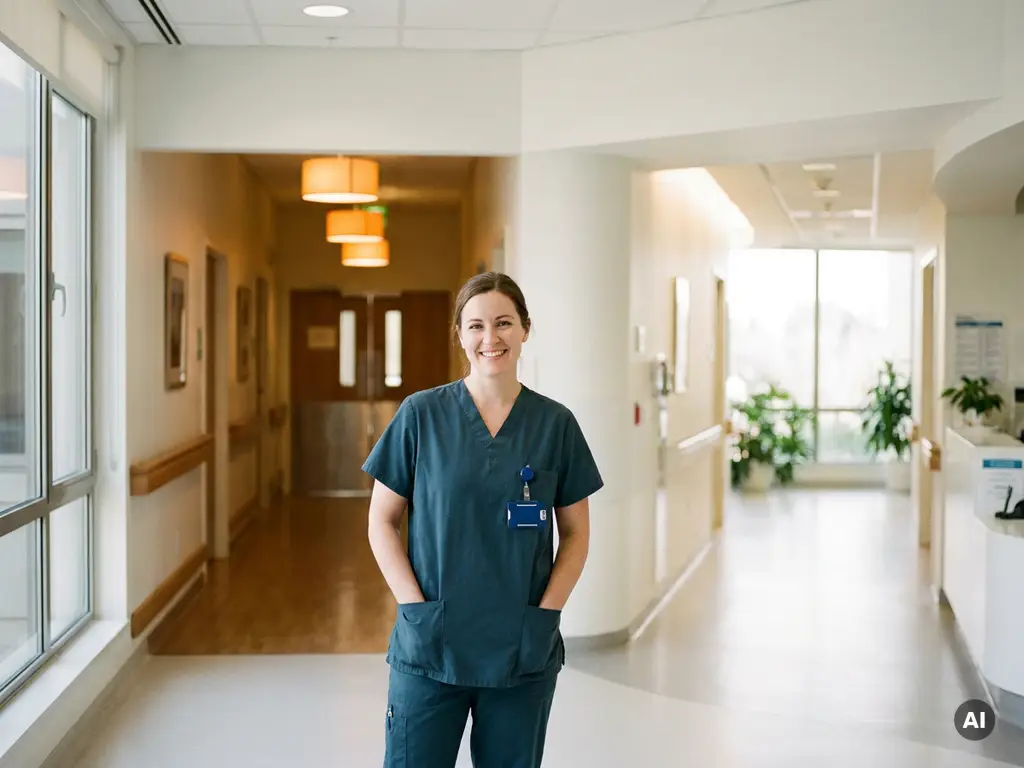 Krankenpflegerin in Scrubs steht an einer Weggabelung im Krankenhausflur, symbolisiert flexible Karrierewege in der Pflege.