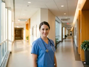 Krankenpflegerin in Scrubs steht an einer Kreuzung im Krankenhausflur, mehrere Wege symbolisieren Karrieremöglichkeiten im Pflegeberuf.