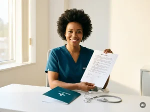 Krankenschwester in Scrubs hält unterzeichneten Arbeitsvertrag am modernen Schreibtisch mit Stethoskop, warmes Morgenlicht.