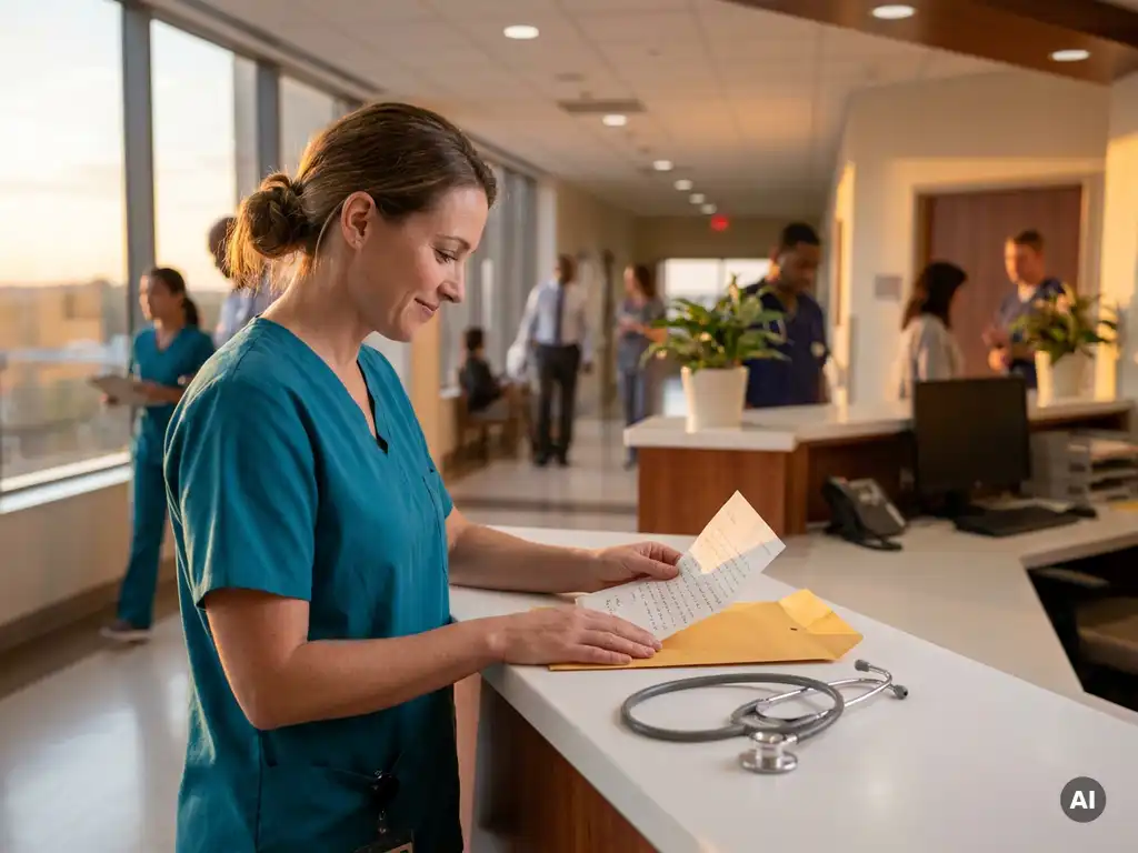 Krankenschwester in Scrubs legt handgeschriebenen Brief in Umschlag an hellem Krankenhausempfang, Stethoskop daneben.