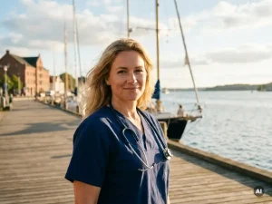 Krankenschwester in Scrubs mit Stethoskop an sonniger Hafenpromenade in Schleswig-Holstein, Ostseeküste im Hintergrund.